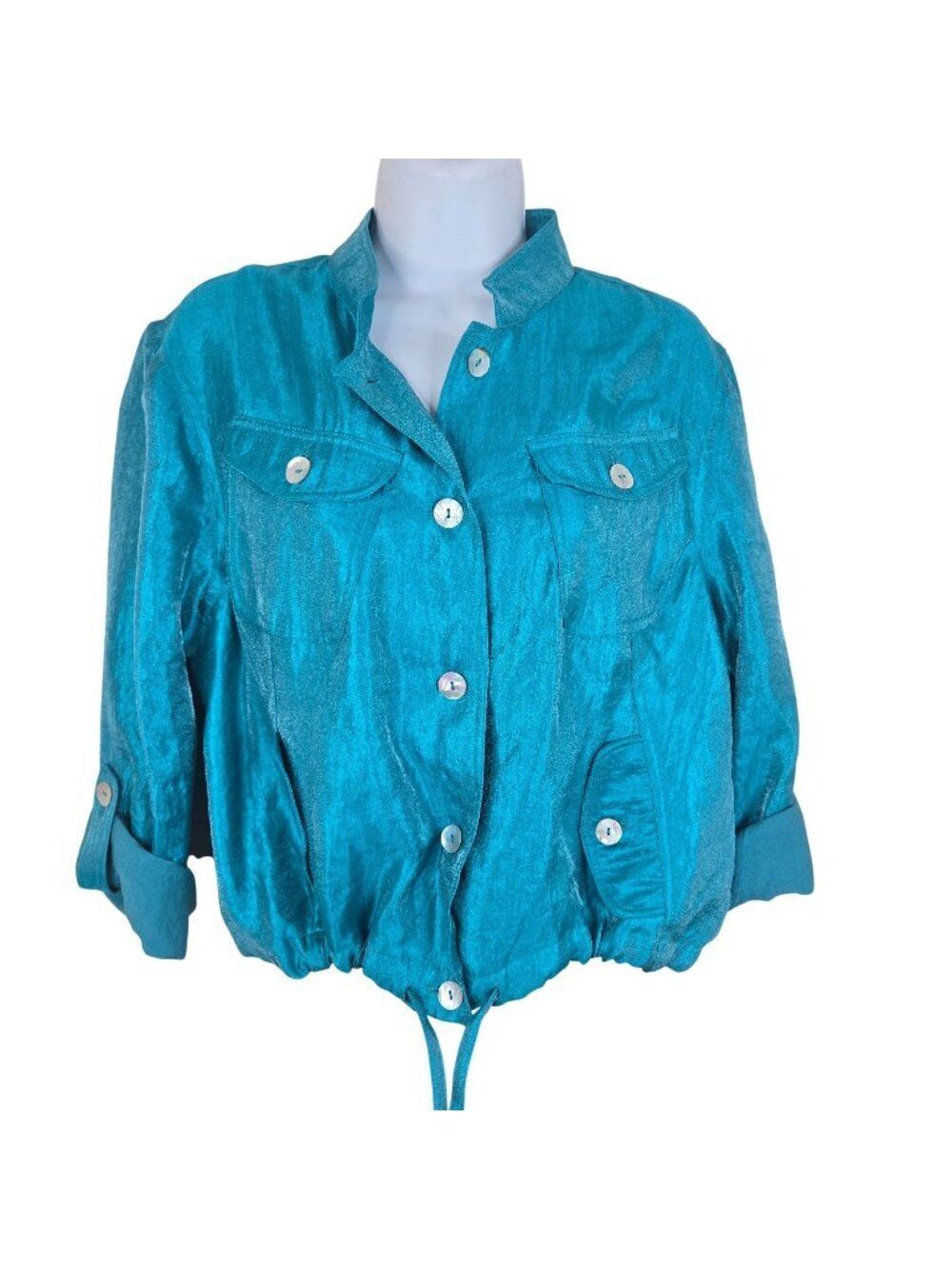 Vintage 90s Teal Blue Button-Up Drawstring Jacket Womens L Metallic Cropped